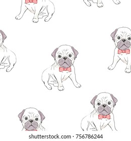 Seamless pattern with cute french bulldog on white background. Vector illustration.