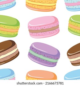 Seamless pattern of cute french macaroon with different filling. Traditional macaron dessert. Little French cakes. Sweet cookies food illustration. Hand drawn cartoon flat vector illustration.