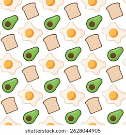 Seamless pattern with cute fried eggs, avocado slices, and bread in flat style on white background. Great for kitchen textiles, kids’ notebooks, packaging, and kawaii breakfast-themed designs.
