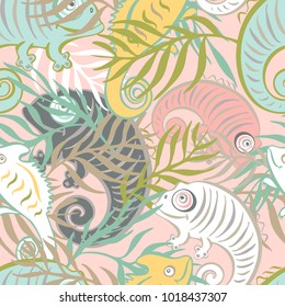 Seamless pattern with a cute and friendly chameleon.
Can be used for printing on wrapping paper, wallpaper, gift wrapping, design of books, websites, accessories for phones and tablets, textiles.