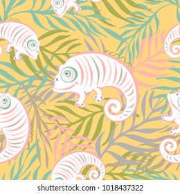 Seamless pattern with a cute and friendly chameleon.
Can be used for printing on wrapping paper, wallpaper, gift wrapping, design of books, websites, accessories for phones and tablets, textiles.