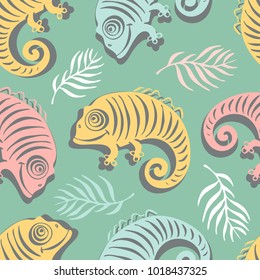 Seamless pattern with a cute and friendly chameleon.
Can be used for printing on wrapping paper, wallpaper, gift wrapping, design of books, websites, accessories for phones and tablets, textiles.