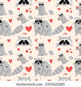 Seamless pattern with cute friendly raccoon. Vector illustration in flat style