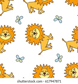 Seamless pattern with cute friendly smiling yellow lion with the orange mane.Cartoon wild African animal. image on a white background.Vector illustration for children.Print for fabric,textile,paper.