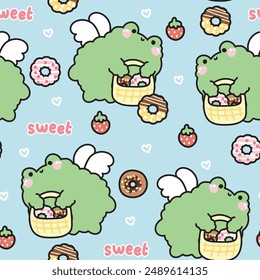 Seamless pattern of cute frog angels flying hold donut basket background.Bakery.Sweet.Dessert.Bread.Cake.Reptile animal character cartoon design.Image for card,poster,sticker.Baby product.Kawaii.