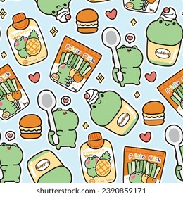 Seamless pattern of cute frog background.Sweet and dessert concept.Macaron.Pudding.Pineapple juice.Reptile animal charatcer cartoon design.Kawaii.Vector.Illustration.