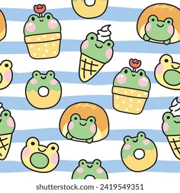 Seamless pattern of cute frog bakery.Reptile animal character cartoon design.Bread,ice cream,donut,cookies hand drawn.Kawaii.Vector.Illustration.