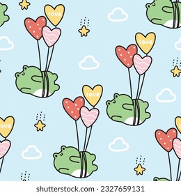 Seamless pattern of cute frog with balloon on sky star background.Reptile animal character cartoon design.Baby clothng.Kawaii.Vector.Illustration.