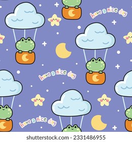 Seamless pattern of cute frog in balloon with star and moon sky background.Reptile animal character design.Baby clothing.Bag print screen.Kawaii.Vector.Illustration.