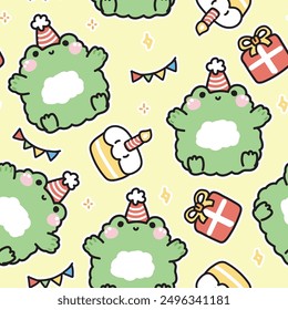 Seamless pattern of cute frog with birthday cake and gift box background.Celebrations.Party.Dessert.Sweet.Reptile animal character cartoon design.Kawaii.Vector.Illustration.