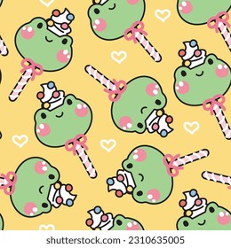 Seamless pattern of cute frog candy with heart on yellow background.Reptile animal.Image for card,poster,baby clothing.Kawaii.Vector.Illustration.