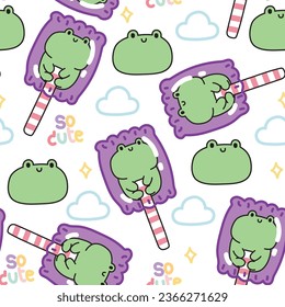 Nahtlose Muster süßer Froschbonbons mit Wolke auf weißem Hintergrund.Reptile Tiermuster Design.Baby-Kleidung.Sweet and dessert.Kawaii.Vector.Illustration.