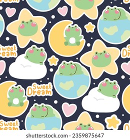 Seamless pattern of cute frog cartoon sticker on sky background.Reptile animal character design.Moon,star,the earth,heart,cloud hand drawn.Kawaii.Vector.Illustration.