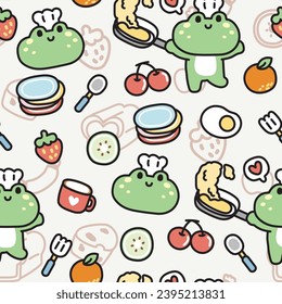 Seamless pattern of cute frog chef cook background.Reptile animal character cartoon design.Kiwi,strawberry,spoon,fork,cherry,orange,fried egg hand drawn.Kawaii.Vector.Illustration.Illustrator.