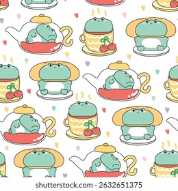 Seamless pattern of cute frog with cherry with afternoon tea party with heart background.A cup of tea fruit,Pot,cupcake.Drink and beverage.Reptile animal character cartoon.Kawaii.