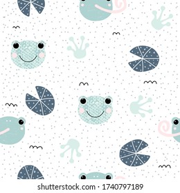 Seamless pattern with cute frog. Childish pastel print. Vector hand drawn illustration.