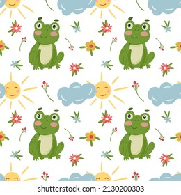 Seamless pattern with cute frog cloud  sun and flower. Vector graphic on a white background. Hand drawing for cover design  phone cases,  t-shirt pillow prints, wrapping paper.