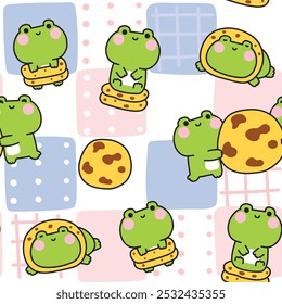 Padrão perfeito de sapo bonito com cookies pastel background.Bakery mão desenhada.Reptile animal personagem desenho animado.Image para cartão,adesivo,roupas de bebê.Kawaii.Vetor.Illustration.