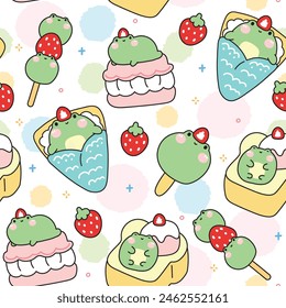 Seamless pattern of cute frog dessert and sweet bakery concept on white background.Ice cream,crepe,honey toast,strawberry.Reptile animal character cartoon.Kawaii.Vector.Illustration.