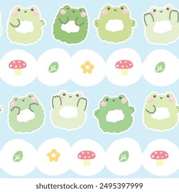 Seamless pattern of cute frog doll sticker pastel in various poses background.Mushroom,leaf,flower hand drawn.Image for card,poster,baby clohing.Kawaii.Vector.Illustration.