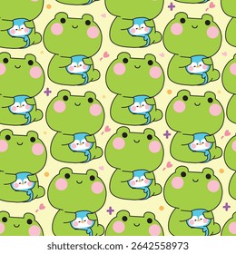 Seamless pattern of cute frog doll hug tiny penguin with heart background.Friend.Love.Reptile and polar bird animal character cartoon design.Painting book.Kawaii.Vector.Illustration.