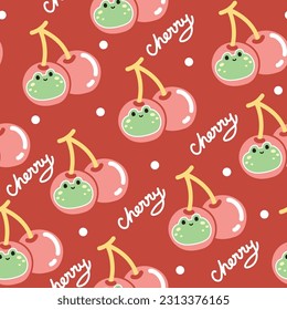 Seamless pattern of cute frog face in cherry on red background.Reptile animal cartoon hand drawn.Kid graphic design.Image for card,poster,baby clothing,pet product.Kawaii.Vector.Illustration.