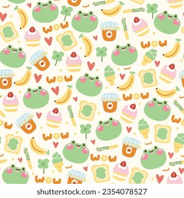 Seamless pattern of cute frog face with tiny icon in bakery concept on pastel background.Reptile animal.Sweet and dessert.Banana,ice cream,cake,jam,bread hand drawn.Kawaii.Vector.Illustration.