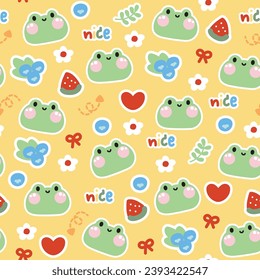 Seamless pattern of cute frog face with tiny icon on yellow background.Reptile animal character cartoon design.Blueberry,flower,watermelon,bow,heart,leaf hand drawn.Kawaii.Vector.Illustration.