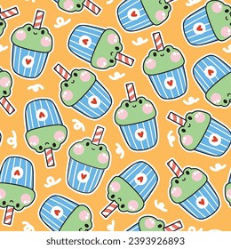 Seamless pattern of cute frog face shape a cup of drink beverage backgorund.Reptile animal character cartoon design.Baby clothing.Kawaii.Vector.Illustration.