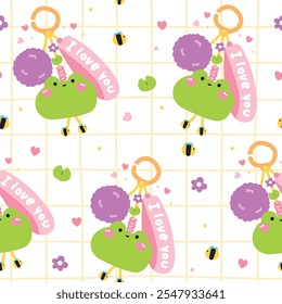 Seamless pattern of cute frog face head keychain bag with bead and furry ball background.I love you.Flower,lotus leaf,bee.Reptile animal cartoon.Kawaii.Vector.Illustration.