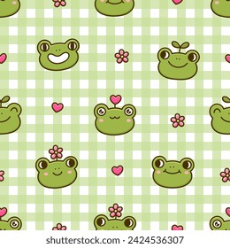 Patrón sin costuras con caras de rana lindas. Personajes de sapo de dibujos animados con corazón, flor, brote verde. Ilustración vectorial Kawaii sobre fondo de verificación verde gingham. Divertido animal print