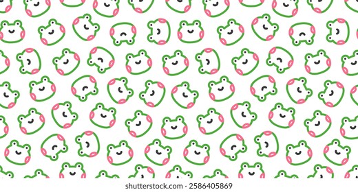 Seamless pattern with cute frog faces featuring green outlines and pink cheeks on a white background in korean style. Kawaii design, perfect for textiles, stationery, wallpapers, and kids products.