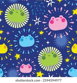 Seamless pattern of cute frog fireworks on night star sky background.Festival,celebrates,new year,holiday.Reptile animal character cartoon.Kawaii.Vector.Illustration.