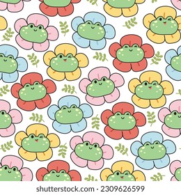 Seamless pattern of cute frog flower head with leaf background.Reptile animal.Image for card,poster,baby clothing.Kawaii.Vector.Illustration.