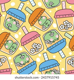 Seamless pattern of cute frog with flower in bubble milk tea cup background.Reptile animal character cartoon design.Clothing print screen.Kawaii.Vector.Illustration.