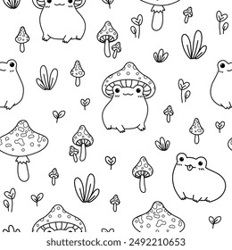 Seamless pattern with cute frog and fly agaric. Hand drawn vector illustration. Doodle cartoon style. Line art.