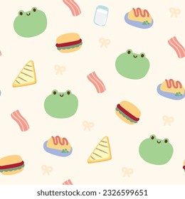 Seamless pattern of cute frog with food tiny icon on pastel background.Breakfast concept.Reptile animal character design.Baby clothing.Kawaii.Vector.Illustration.