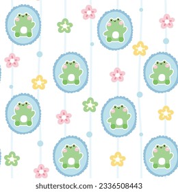 Seamless pattern of cute frog in frame with flower on white background.Floral.Reptile animal character cartoon design.Baby clothing.Kawaii.Vector.Illustration.