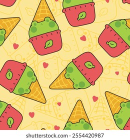 Seamless pattern of cute frog green tea ice cream flavor with cone background.Sweet and dessert.Reptile animal cartoon hand drawn.Kawaii.Vector.Illustration.