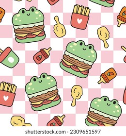 Seamless pattern of cute frog hamburger background.Fried chicken,fresh fries,tomato sauce,spicy sauce hand drawn.kawaii.Vector.Illustration.