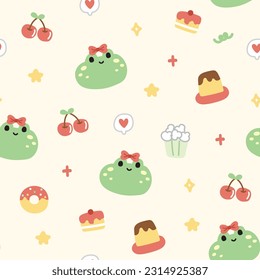 Seamless pattern of cute frog have bow on head background.Reptile animal.Pudding,cherry,popcorn,cake,donut hand drawn.Baby clothing.Kawaii.Vector.Illustration.