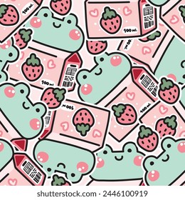 Seamless pattern of cute frog head milk box with strawberry background.Reptile animal face cartoon character design.Beverage.Baby drink.Kawaii.Vector.Illustration.