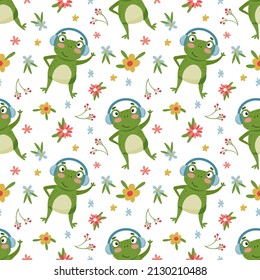 Seamless pattern with cute frog in headphone and flower. Vector graphic on a white background. Hand drawing for cover design  phone cases,  t-shirt pillow prints, wrapping paper.