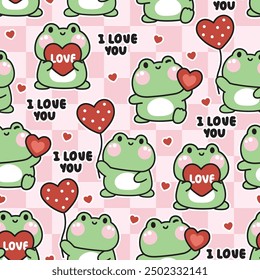 Seamless pattern of cute frog with heart balloon in various poses pink background.Valentines day.I love you text.Reptile animal character cartoon.Kawaii.Vector.Illustration.