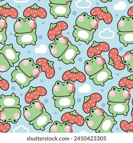 Seamless pattern of cute frog hold strawberry umbrella on sky and cloud background.Reptile animal character cartoon design.Fruit.Rainy season.Kawaii.Vector.Illustration.