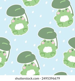 Seamless pattern of cute frog hold leaf in the rain background.Reptile animal character cartoon design.Image for card,poster,baby clothing.Kawaii.Vector.Illustration.