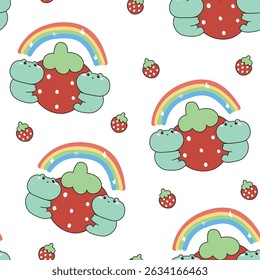 Seamless pattern of cute frog hug strawberry fruit with rainbow background.Reptile animal character cartoon design.Image for sticker,print screen,baby product.Kawaii.Vector.Illustration.