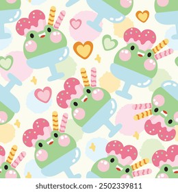 Seamless pattern of cute frog ice cream with heart background.Pastel color.Sweet and dessert.Reptile animal character cartoon design.Kawaii.Vector.Illustration.