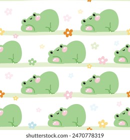 Nahtloses Muster des niedlichen Frosches lag auf Pastelllinie mit blütenweißem Hintergrund.Reptile Tier Zeichentrickdesign.Bild für Karte,Poster,Babykleidung.Kawaii.Vektorgrafik.Illustration.