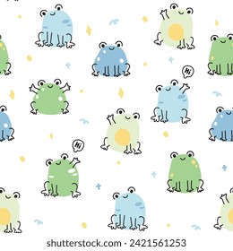 Seamless pattern of cute frog in line hand drawn style.Reptile animal character cartooon design.Greeting.Kid clothing screen.Image for card,poster,baby clothing.Kawaii.Vector.Illustration.